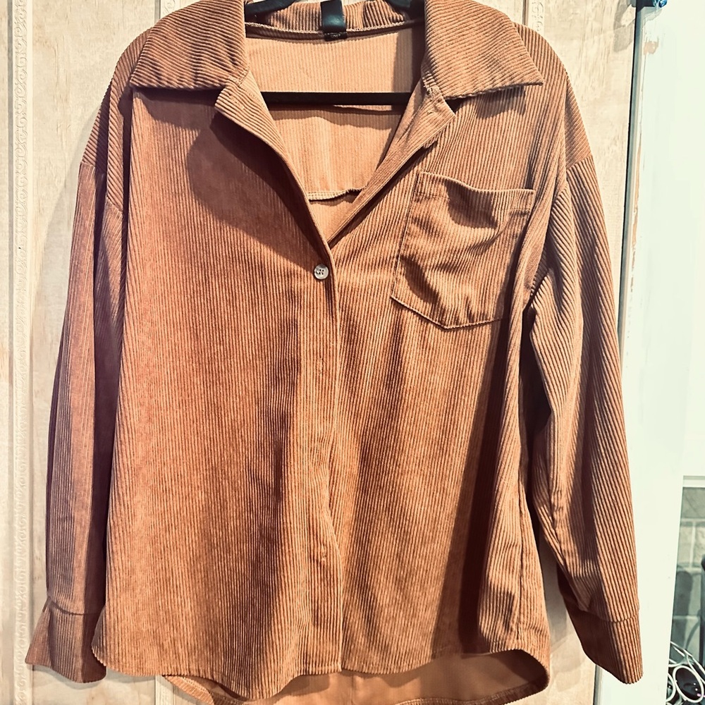 SHEIN Brown Ribbed Corduroy Button Front Shirt Size L
